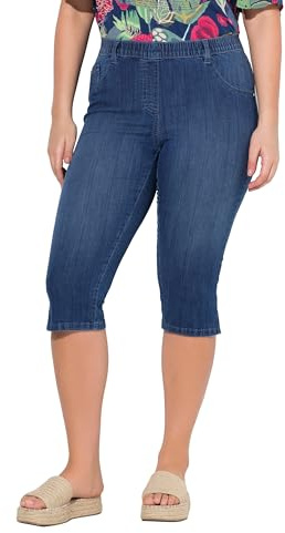 Ulla Popken Pantacourt Sienna en Jean pour Femme, Jambe étroite, Taille élastique, Capri Sienna, Jambe étroite, Taille élastique, Bleu Denim, 36W / 32L