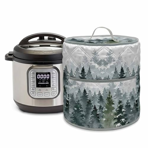 Winter Watercolor Dark Green Trees Washable Pressure Cooker Cover, Snowflake Plant Christmas Gradient Stain Proof Cloth Cover with Pocket Dust Protection Appliance Cover Fits for Instant Pot (3 Quart)