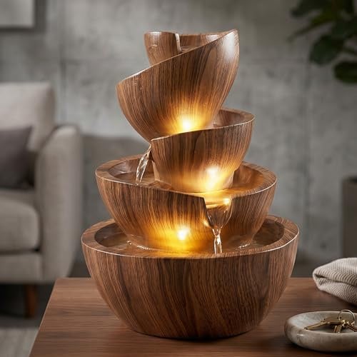 LED Zimmerbrunnen Springbrunnen Innen- & Außenbrunnen aus Polyresin, 39 cm hoch, mit warmweißen LED-Spots, Gartenbrunnen – Deko Brunnen für Wohnzimmer, Büro & Garten (Nussbaum Holzoptik)