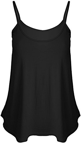 LUXE FASHION Womens Plain Sleeveless Round Scoop Neckline Stretch Slim Straps Strappy Flared Swing Camisole T-Shirt Vest Top UK Size 8-26 Black