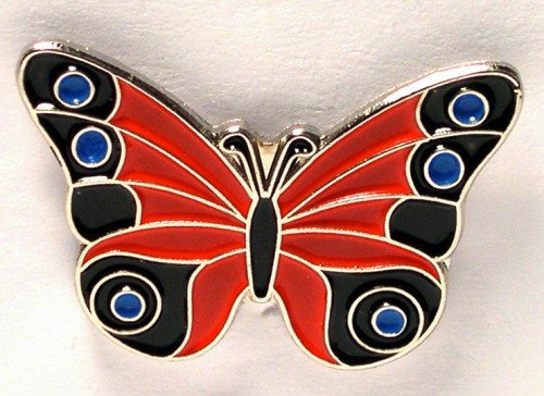 Mainly Metal Anstecknadel, Brosche, emailliertes Metall, Schwarz, Rot, Blau, Motiv: Schmetterling