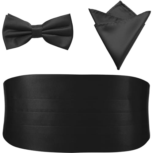 PenSee Mens Formal Solid Pre-tied Bow Tie & Pocket Square & Cummerbund Set Tuxedo Bow Ties for Men Black Medium