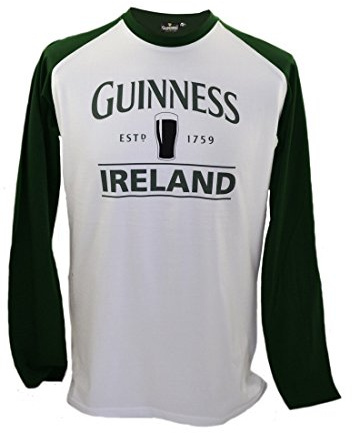 Guinness langärmeliges T-Shirt mit Bierkrug und „Guinness Ireland”, weiß mit grünen Ärmeln