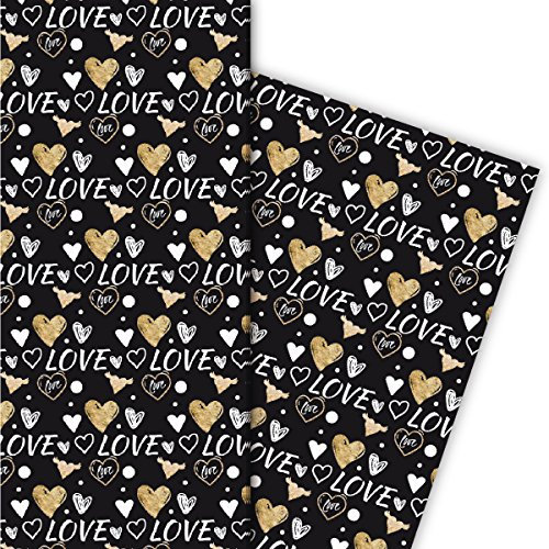 Kartenkaufrausch Romantisches Liebes Geschenkpapier Set für edel Geschenkverpackungen mit Herzen auch zum Valentinstag, weiß auf schwarz 4 Bögen, 32 x 47,5 cm Dekorpapier, Musterpapier
