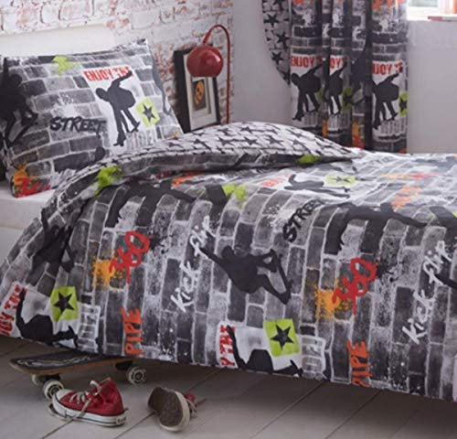 Kidz Club Jugendliche Einzelbett Bettbezug und Kissenbezüge Bettwäsche-Set Cool Skateboards und Graffiti Bettbezug Set – Tricks, grau