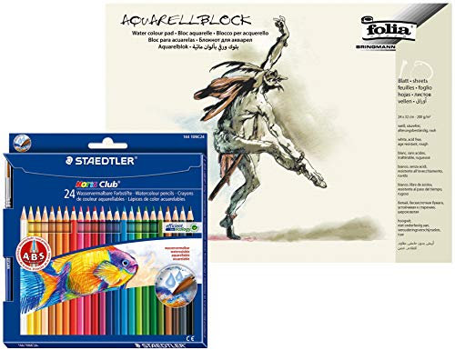 Staedtler Aquarell-Buntstifte, sechskant, Set mit brillanten Farben (24 Stück + Aquarellblock)