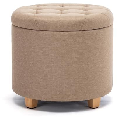 HNNHOME 45cm Round Linen Padded Seat Ottoman Storage Stool Box, Footstool Pouffes Chair with Lids (Beige)
