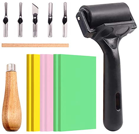 Swpeet Lot de 8 outils de sculpture en caoutchouc, 6 blocs de gravure en caoutchouc souple, 5 en 1, outils de découpe pour linoléum et rouleau en caoutchouc pour tampons en caoutchouc, sculpture.