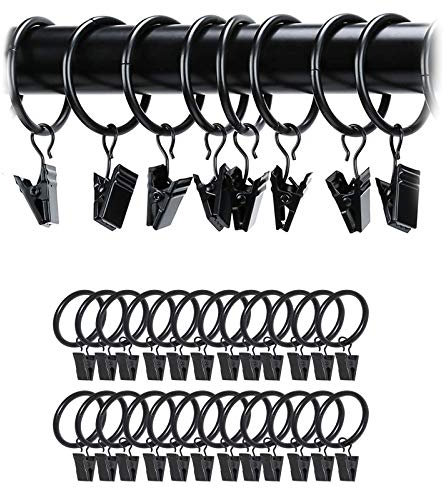 Black Curtain Rod Ring Clips, 24 Pack Rustproof Metal Drapery Ring with Hook/Hanger Clips with Eyelets for Holding Heavy Curtains Rod Set and Drapes (38 mm)