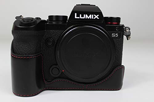 S5 Case, Zakao PU Leather Half Bottom Opening Version Holster Camera Case With Hand Strap Protective Cover Bag Case for Panasonic Lumix S5 (Black)