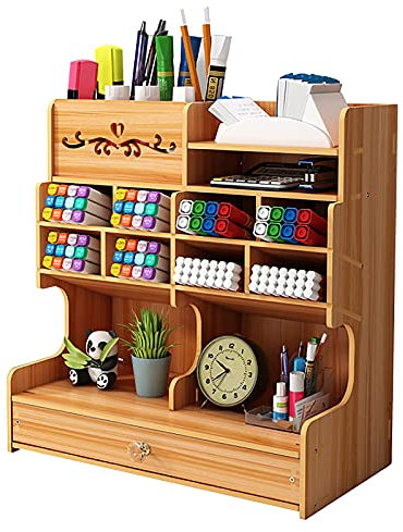 Hggzeg Schreibtisch-Organizer aus Holz, Selbstmontage, Schreibtischset, große Kapazität, Schreibtisch-Butler, mit Schublade, Stifthalter für Zuhause, Büro und Schule, B18, Kirschholz