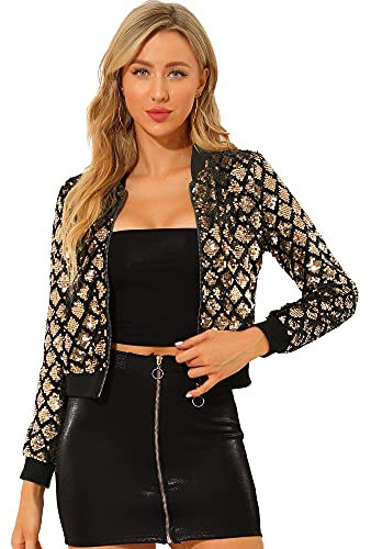 Allegra K Damen Party Glitzerjacke Bomberjacke Pailletten Glitzer Langarm Reißverschluss Club Kurze Jacke Gold XL
