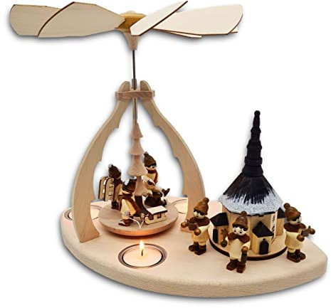 Wichtelstube-Kollektion Weihnachtspyramide f. Teelichter 25cm Seiffener Kirche Kurrende Buchenholz Teelichtpyramide Weihnachten