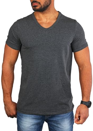Carisma Herren Basic Uni T-Shirt einfarbiges Kurzarm Shirt tiefer V-Ausschnitt dehnbar Stretch 4066-4644, Grösse:S, Farbe:Dunkelgrau Melange (Regular Look)