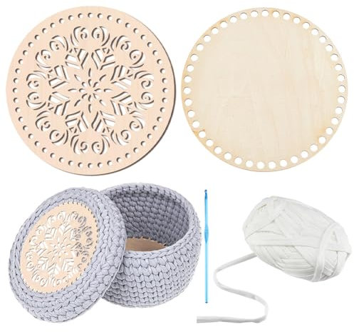 PandaHall Körbchenboden Kit Zum Häkeln 2 x 7.8 runde Naturholz Strickbasis Blanko Hohl Geschnitzt 1 x 4 mm Aluminium Häkelnadel 1 Rollen 40 Yard 9 mm Weißes Stoffgarn Für Heimwerker 6/8.5 mm Loch