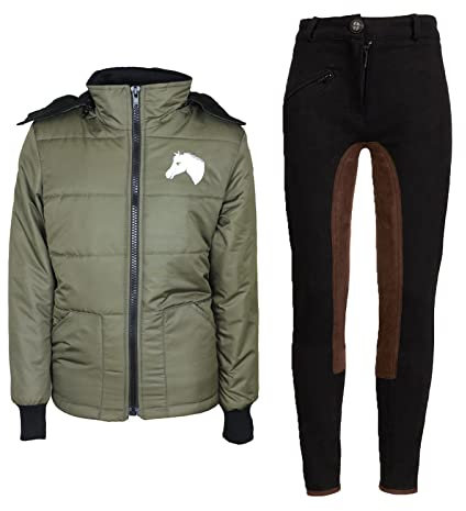 MS-Trachten Reitset Kinder Winter Reitjacke Mia oliv grün gesteppt mit Reithose schwarz/braun (122/128)