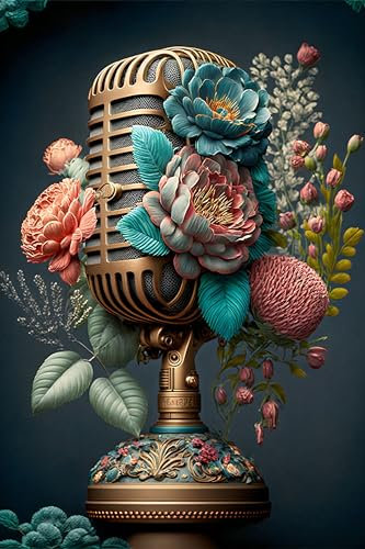 Póster de 50 x 80 cm: micrófono retro decorado con flores de colores, cartel para eventos musicales en directo y karaoke. Ai generado (196719031)