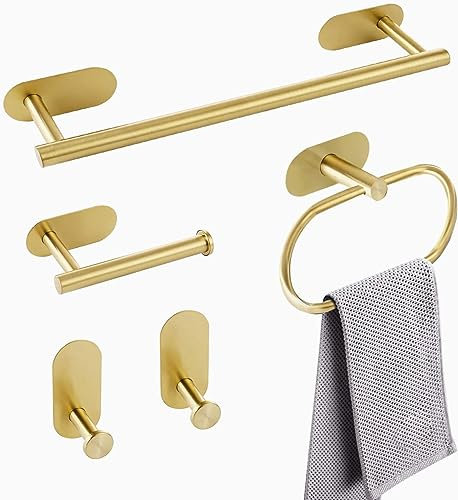 YUET Porta Asciugamani 40cm Bagno Accessori,5 Pezzi Porta Carta Igienica Adesivo,Ganci Appendiabiti SUS304 Acciaio Inossidabile Portarotolo Anelli Porta Salvietta,Portasciugamani da Parete,Oro