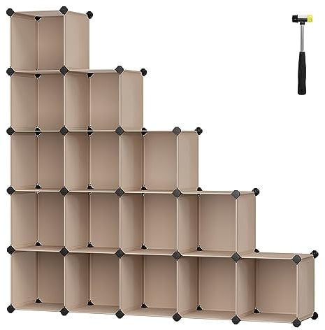 SONGMICS Schuhregal, Regalsystem, Steckregal, Set aus 15 Würfeln, DIY Regal, stapelbar, aus PP-Kunststoff, als Garderobe, für Schlafzimmer, Büro, 153 x 31 x 153 cm, Kamelbraun LPC442K01