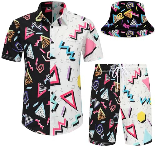 Spanoous Herren-Hawaii-Hemden und Shorts Set Lustige Hawaii-Hemden für Herren Strandoutfits Sets mit Fischermützen, Farbe 12, L