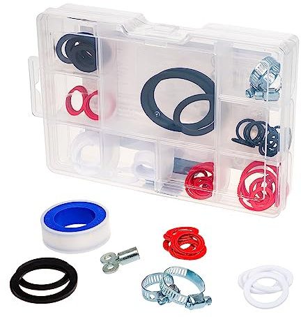 Invero 86 Piece Washer and Hose Clips Set - Assorted Rubber O Rings Seal Gaskets, Tape, Radiator Key and Various Washers and Clamps - For Garden Tap Fitting, Shower Hose Plumbing DIY