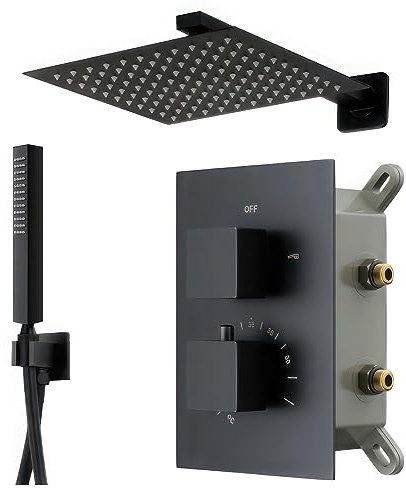 BADLAND Duschsystem Unterputz Regendusche Armatur Set Thermostatisch ADOUR Schwarz Wasserhahn mit Kopfbrause