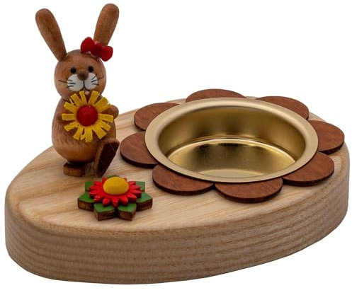 Seiffener Volkskunst Jan Legler | Teelichthalter Kerzenhalter aus Holz | Ostern Osterdekoration aus dem Erzgebirge | 6x10x6 cm | Hase mit Blume