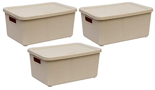 (Set of 3) 14L Litre Plastic Storage Box With Lid & Handles Multipurpose Utility Stackable Basket Container Lidded Storage Bins Decorative Household Organiser for Cosmetics Storage Shelves (Beige)