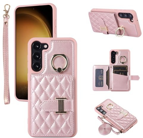 Étui portefeuille pour Samsung Galaxy S23 5G - Avec bandoulière et porte-cartes de crédit, anneau rotatif à 360°, béquille - Cellules S 23 23S GS23 G5 SM-S911U 6,1 - Filles - Rose
