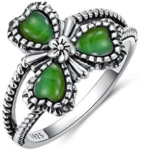 BETHZA Kleeblatt Jade Ring 925 Sterling Silber Natürliche Grün Jade Blume Ring 3 Herzform Stein Boho Glücksring Geschenk für Frauen, 9, Sterling Silber, Jade