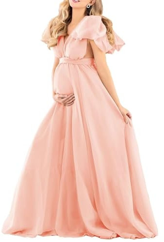HPPEE Robe de chambre pour séance photo de maternité, perspective, robe longue bouffante en mousseline de soie transparente WYXYF7, rose poudré, 4XL grande taille