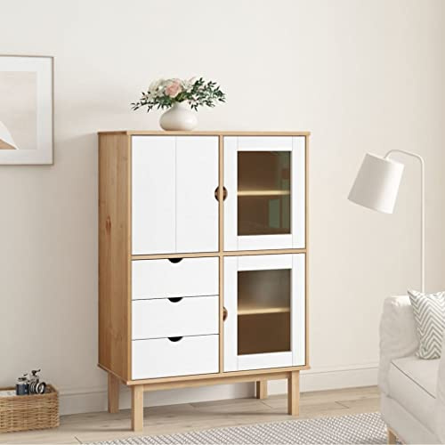 Hommdiy Highboard OTTA Sideboard Kommode Schrank Anrichte Beistellschrank Mehrzweckschrank Standschrank Hochschrank Braun&Weiß 85x43x125 cm Massivholz Kiefer