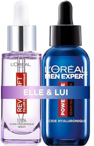 L'Oréal Paris - Routine Soin Visage à l'Acide Hyaluronique Pour Femme & Homme - Sérum Anti-Rides & Hydratant Revitalift Filler & L'Oréal Men Expert - Pour Tous Types de Peaux - Lot de 2x30 ml
