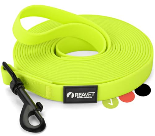 ReaVET Schleppleine für Hunde 5 Meter, Neon Gelb I Robuste & wasserfeste Hundeleine lang I Übungsleine mit Griff, Trainingsleine Laufleine für große & kleine Hunde