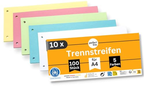 perfect line 1.000 Trennstreifen für Ordner A4, Trennblätter aus Recycling-Karton, MADE IN GERMANY, 5 Farben, gelocht (10 x 100 Stk.)
