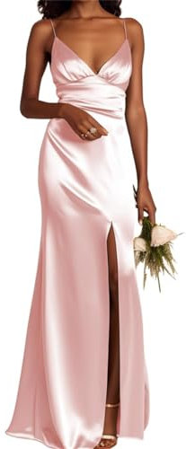 WSEYU Robes de demoiselle d'honneur à bretelles spaghetti pour mariage avec col en V en satin Robes de soirée formelles Rose pâle 46