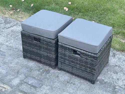 FMSGarden 2 Pcs Rattan Small Footstool Patio Wicker Seat Outdoor Footrest Garden Furniture Dark Grey