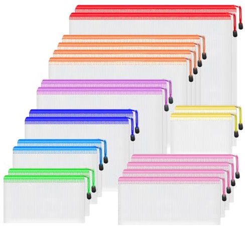 Smarpau 20PCS Plastic Zip Wallets, 8 Sizes Plastic File Folders Mesh Zipper Bags, Waterproof Document Wallet Storage Bags for School, Office, Home and Travel (8 Colors)