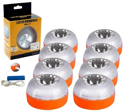MAGIC SELECT 8X Luz de Emergencia V16, Autorizada para Señalización de Emergencias en Carretera para Coche y Moto. Linterna Imantada para Vehículo. Cargador Coche USB Doble.