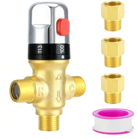 QWORK Thermostatic Mixing Valve, Solid Brass Pipe Water Valve with Temperature Control - 1/2 NPT Male Connections - Includes 3 Adapters, for Wash Basins, Showers, Kitchens