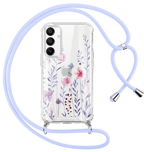 Oelrstfe Coque pour Samsung Galaxy A54 5G avec Cordon de Collier,Transparent Paillette Fleurs Motif Silicone Étui Housse,Aesthetic Glitter Antichoc Anti-Chute Lanyard Bandoulière Case,Bleu