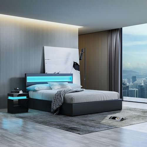 Black Bed Frame with Storage, Faux Leather Bed with LED Headboard, Modern Ottoman Gas Lift Storage Bed Frame 5FT King, for Bedroom Furniture