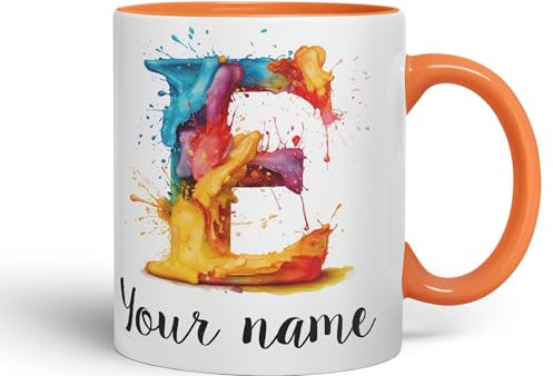 Vixar Personalised Letter E Mug, Alphabet cusomized Custom Your Letter E Monogram Watercolour Ceramic Coloured Mug Cup for Tea Coffee Hot Brew 330ml 11Oz Gift (Orange)