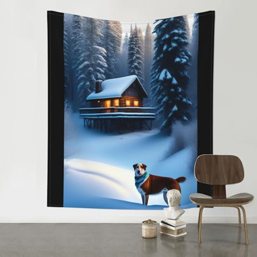 XZDCAL Weicher und langlebiger Wandteppich aus Holz mit Haus und Hund im Schnee, 152,4 x 129,5 cm, geeignet für den Innen- und Außenbereich