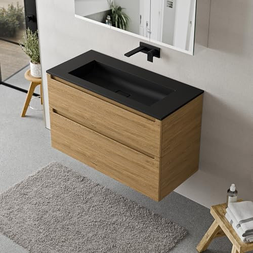 BERNSTEIN Badmöbel-Set Vireo, Waschtisch-Unterschrank mit Mineralguss-Waschbecken 100cm in Eiche honiggold - BRUXELLES - Schwarz matt ohne Hahnloch - 2 Schubladen, Badmöbel, 5 Jahre Garantie