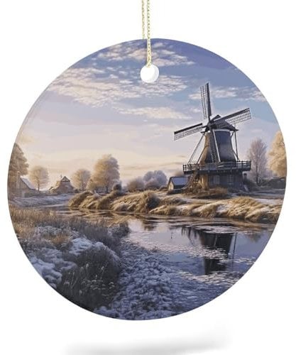 Keramik-Hängelandschaft mit traditioneller Windmühle, bedruckt, rund, Keramik, Weihnachtsdekoration, Feiertagsparty-Dekorationen für Baumschmuck, Tags