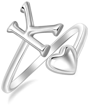 SILBERTALE 925 Sterling Silber Herz Ring mit Buchstaben Verstellbarer Größe 50 bis 58 Initiale A-Z Buchstabering individuellen Modeschmuck mit Geschenkbox