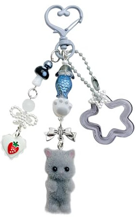 SHANFAA Nette Graue Schlüsselanhänger - Fuzzy Kitty Katze Ästhetische Y2K Stilvolle Zubehör - Kawaii Katze Tasche Charm