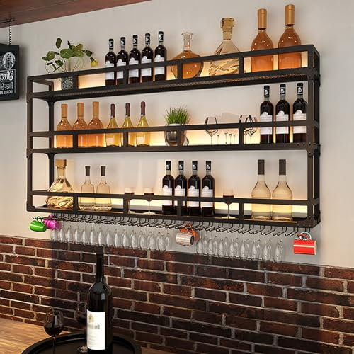 Industrieller hängender Weinr mit LED-Beleuchtung, moderne Weinflasche aus Metall und Glashalter, große Kapazität, Weinregale für Bartheke