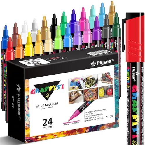 Alitastro 24 Acrylic Paint Pens Marker Pens - Waterproof Fabric Paint Markers Acrylic Markers for Rock Painting, Glass, Wood, Stone, Canvas, Metal, Arts and Crafts for Adult, 2-3mm Medium Tip